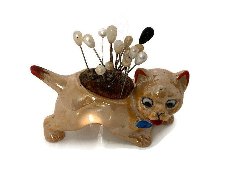 Vintage Ceramic Lusterware Cat Pincushion at Duckwells