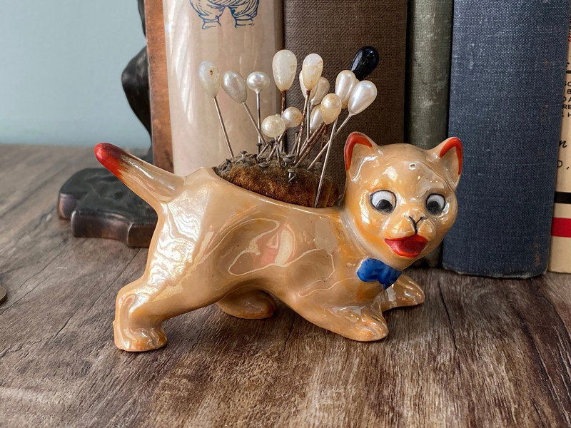 Vintage Ceramic Lusterware Cat Pincushion at Duckwells