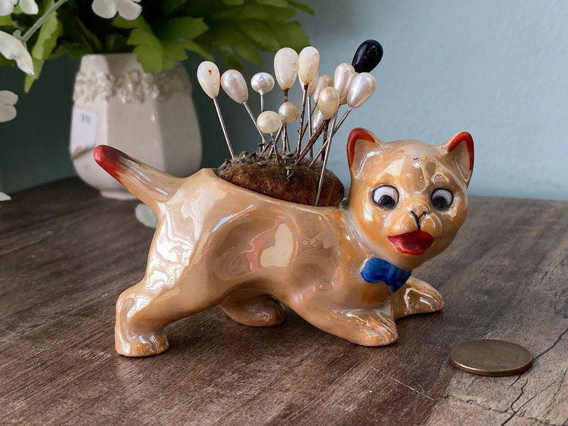 Vintage Ceramic Lusterware Cat Pincushion at Duckwells