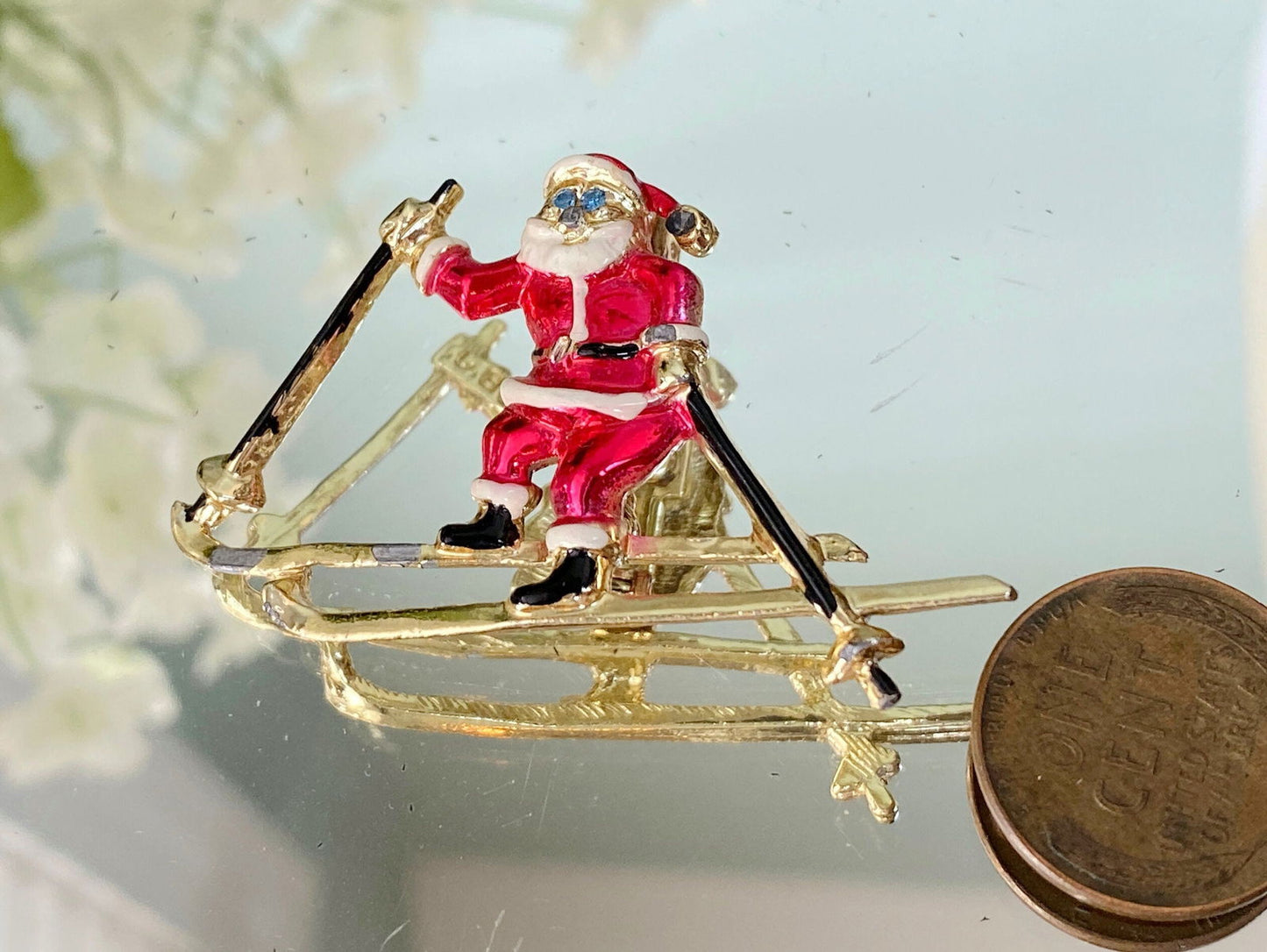 Vintage Christmas Tree Pin Santa on Skis by Beatrix Jewelry at Duckwells