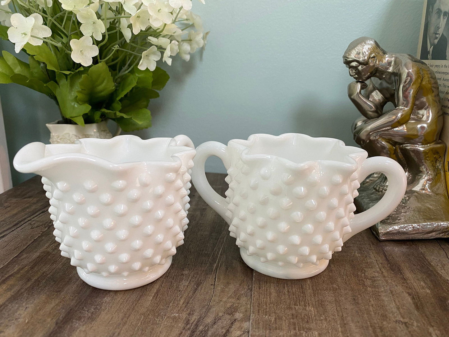 Vintage Fenton Milk Glass Hobnail Sugar and Creamer Set - Duckwells