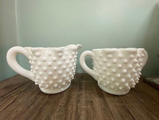 Vintage Fenton Milk Glass Hobnail Sugar and Creamer Set at Duckwells
