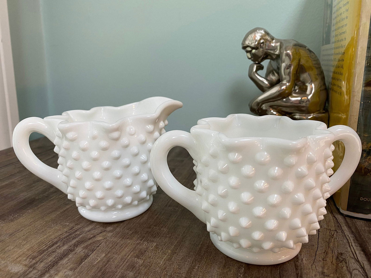 Vintage Fenton Milk Glass Hobnail Sugar and Creamer Set - Duckwells