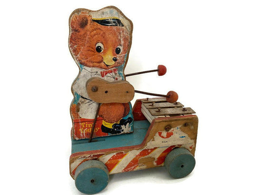 Vintage Fisher Price Tiny Teddy Wood Pull Toy at Duckwells