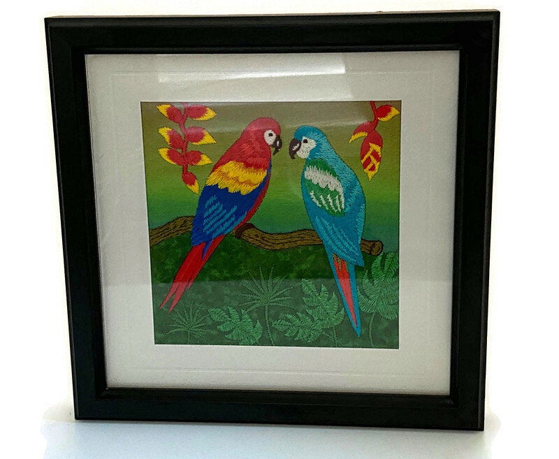 Vintage Framed Embroidered Tropical Bird Wall Art Home Decor at Duckwells