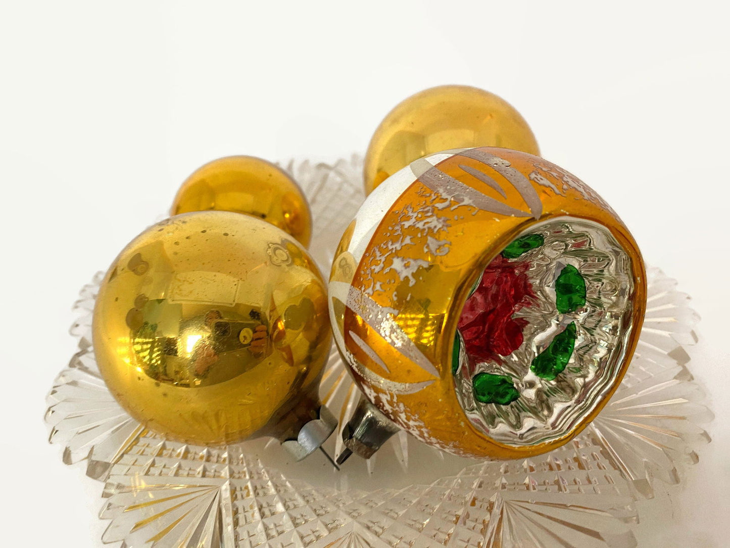 Vintage Gold Glass Christmas Ornaments Including Indented Reflector - Duckwells