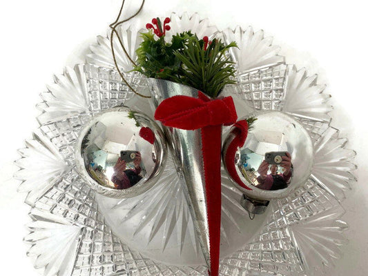Vintage Metal Cone and Silver Glass Balls Holiday Decorations at Duckwells