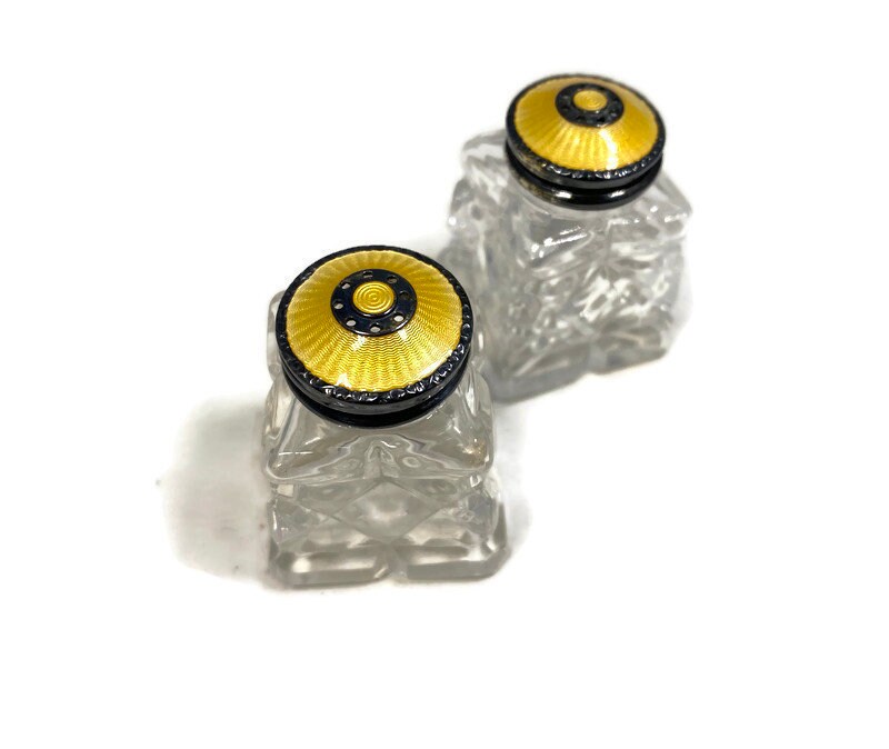 Vintage Norway Sterling and Guilloche Enamel Crystal Salt and Pepper Shakers - Duckwells