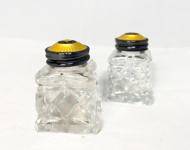 Vintage Norway Sterling and Guilloche Enamel Crystal Salt and Pepper Shakers - Duckwells