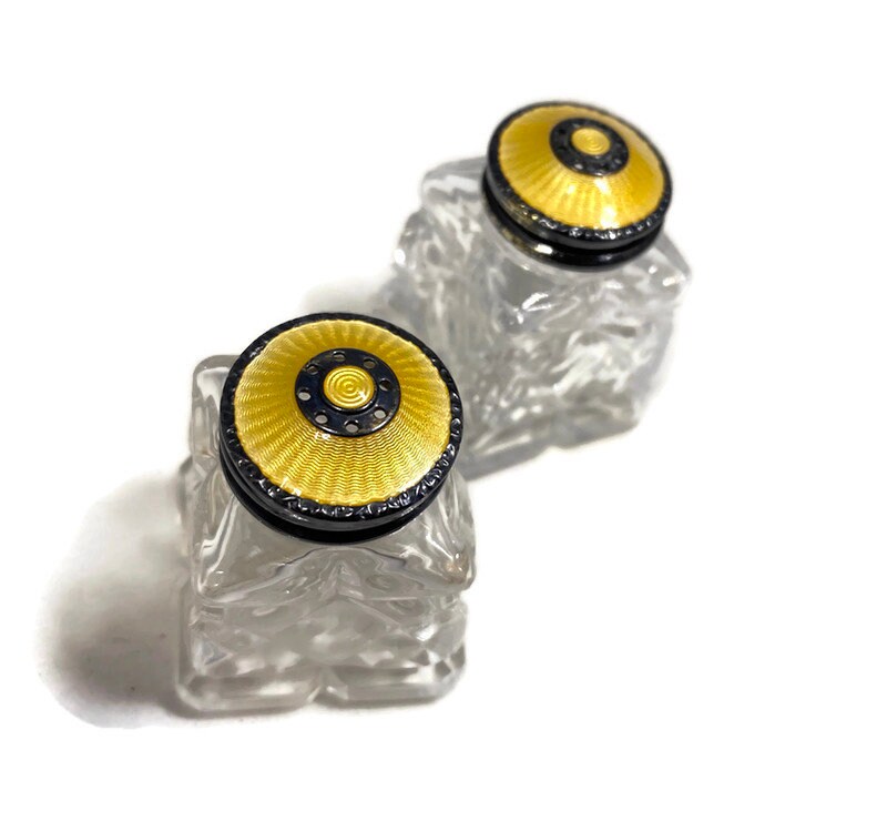 Vintage Norway Sterling and Guilloche Enamel Crystal Salt and Pepper Shakers - Duckwells