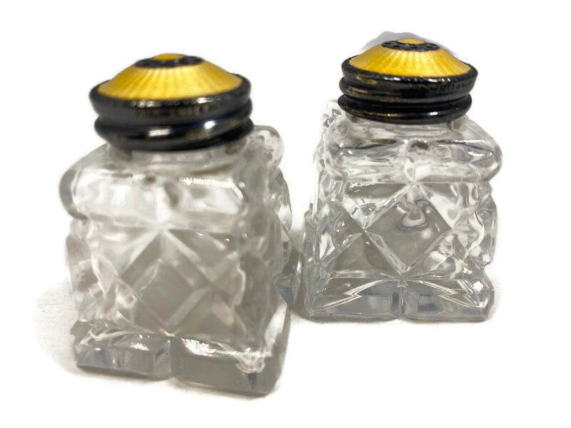Vintage Norway Sterling and Guilloche Enamel Crystal Salt and Pepper Shakers - Duckwells