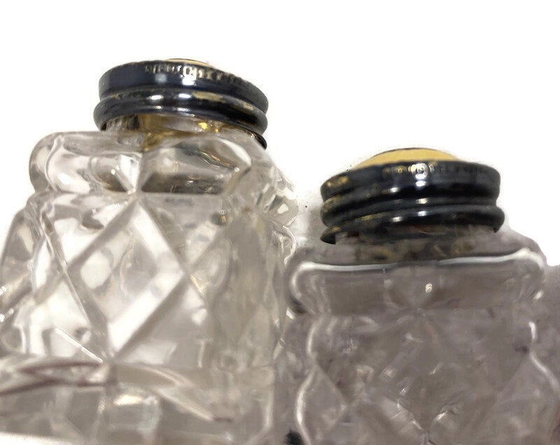 Vintage Norway Sterling and Guilloche Enamel Crystal Salt and Pepper Shakers - Duckwells