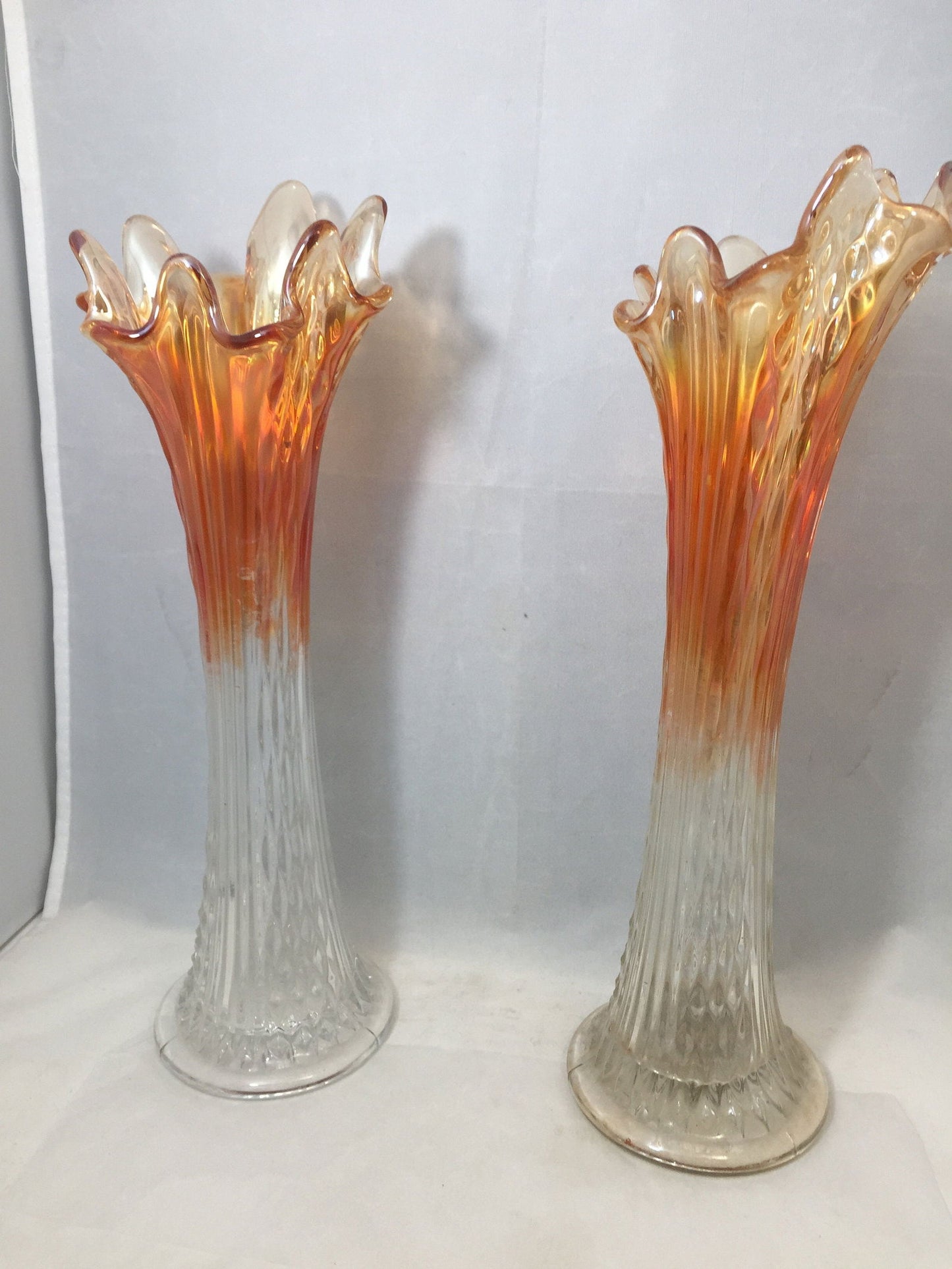 Vintage Ombre Marigold Carnival Glass Swung Vases - Duckwells