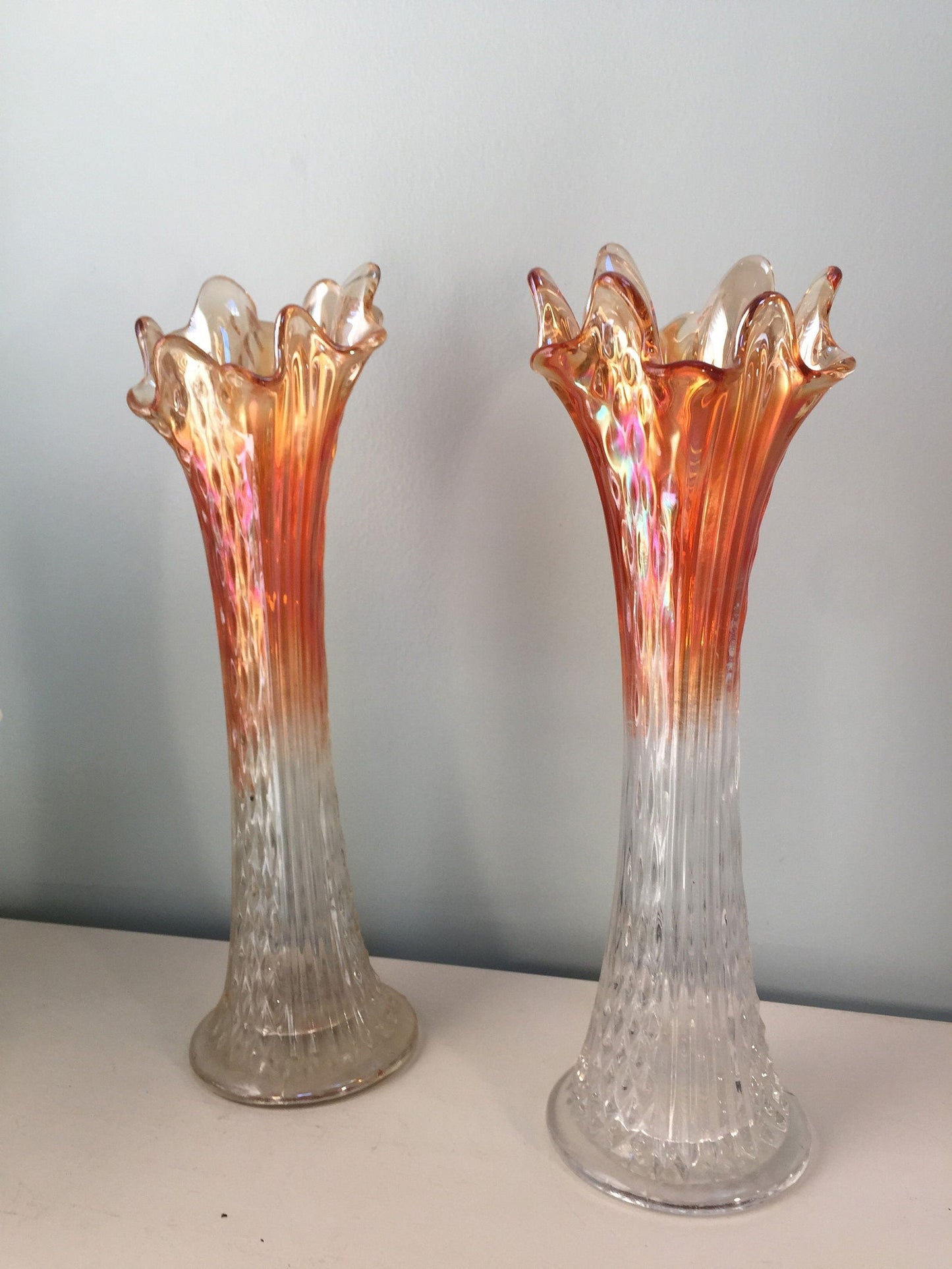 Vintage Ombre Marigold Carnival Glass Swung Vases - Duckwells