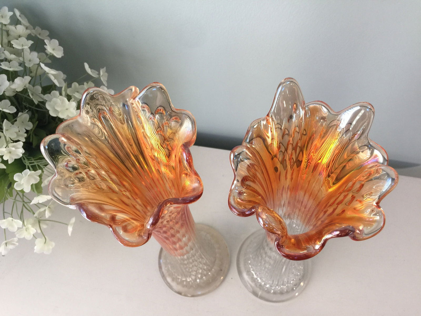 Vintage Ombre Marigold Carnival Glass Swung Vases - Duckwells