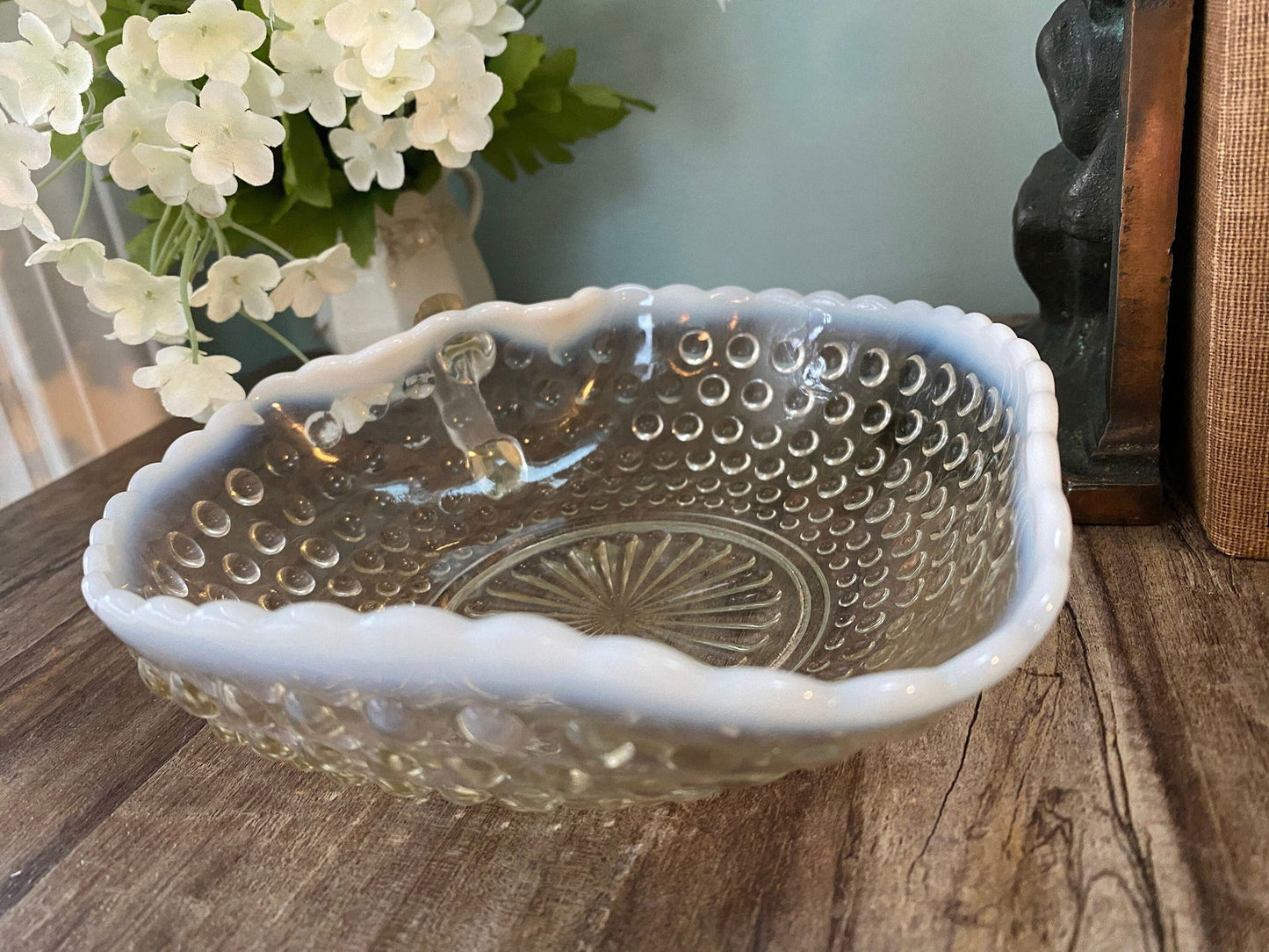 Vintage Opalescent Hobnail Candy Dish with Handle - Duckwells
