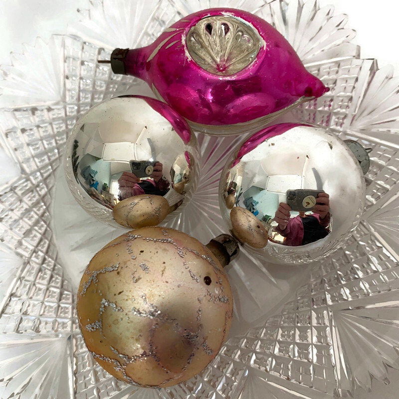 Vintage Pink and Silver Glass Christmas Ornaments - Duckwells
