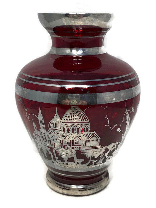 Vintage Red Ruby Glass Vase with Sterling Silver Overlay at Duckwells