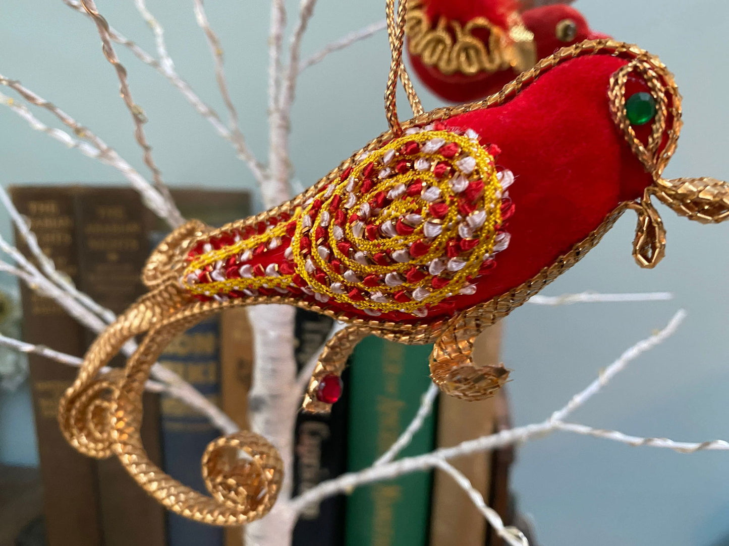 Vintage Red and Gold Birds Holiday Hanging Ornaments at Duckwells