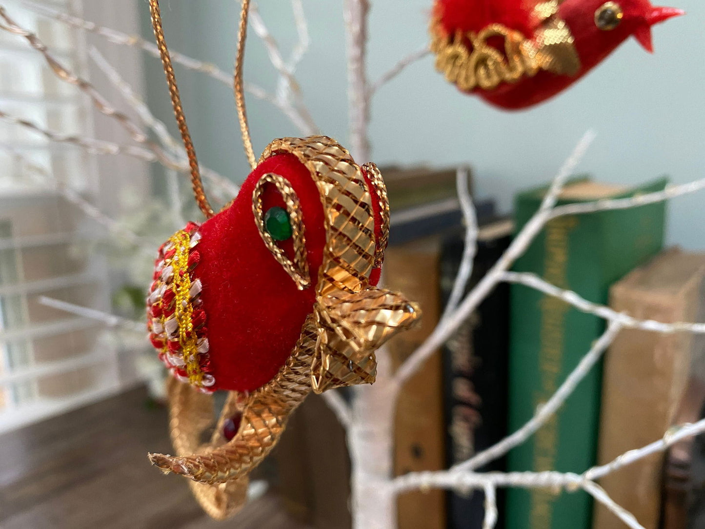 Vintage Red and Gold Birds Holiday Hanging Ornaments at Duckwells