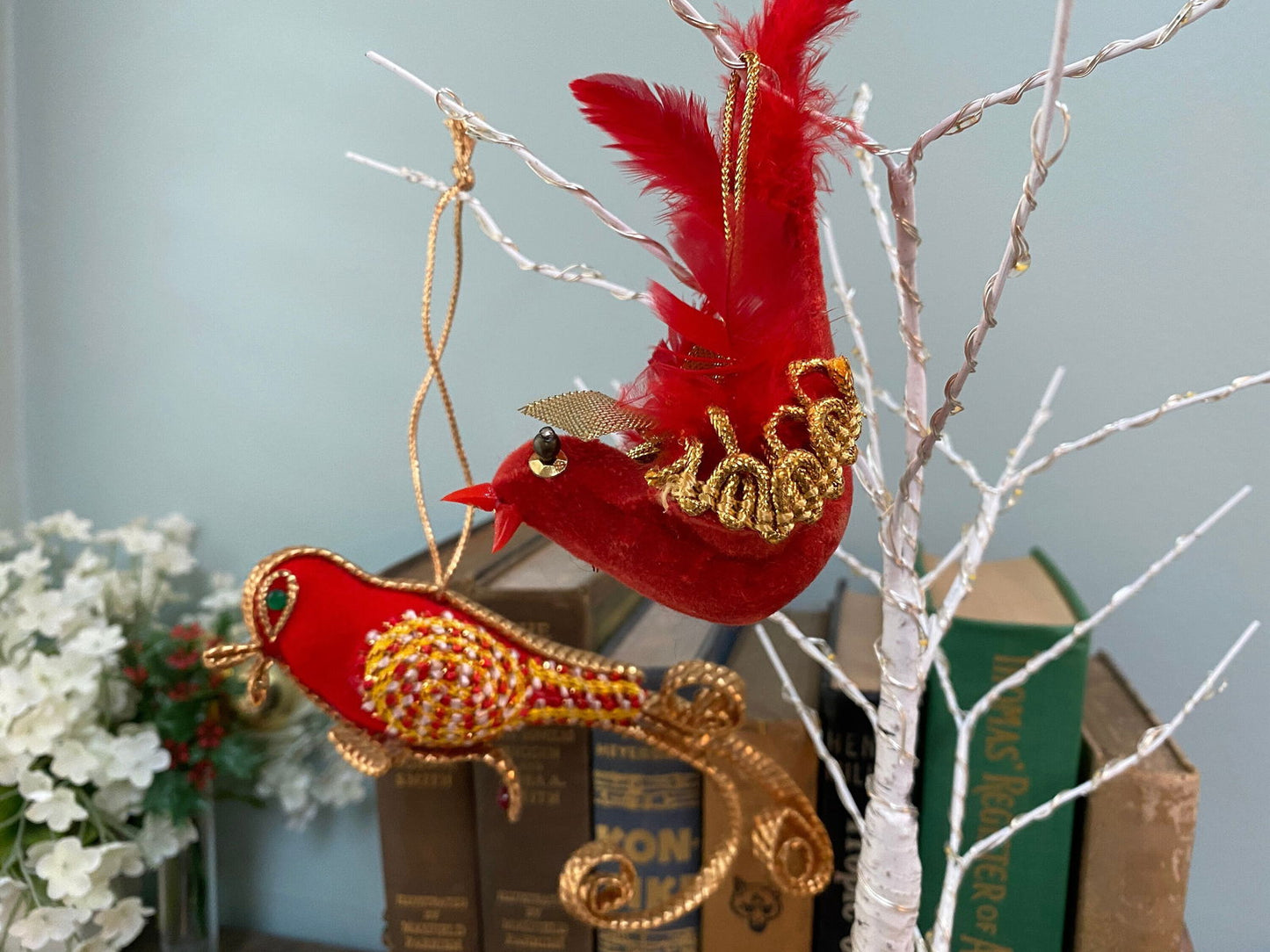 Vintage Red and Gold Birds Holiday Hanging Ornaments at Duckwells