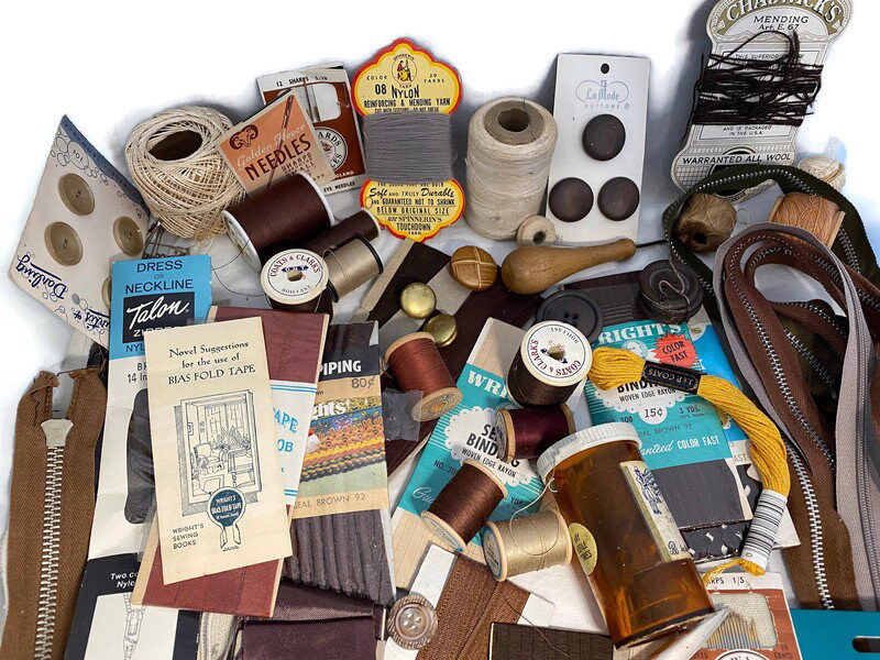 Vintage Sewing Supplies Brown at Duckwells