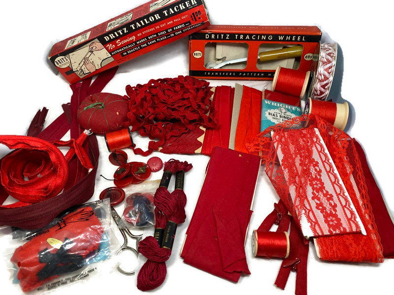 Vintage Sewing Supplies in Shades of Red - Duckwells