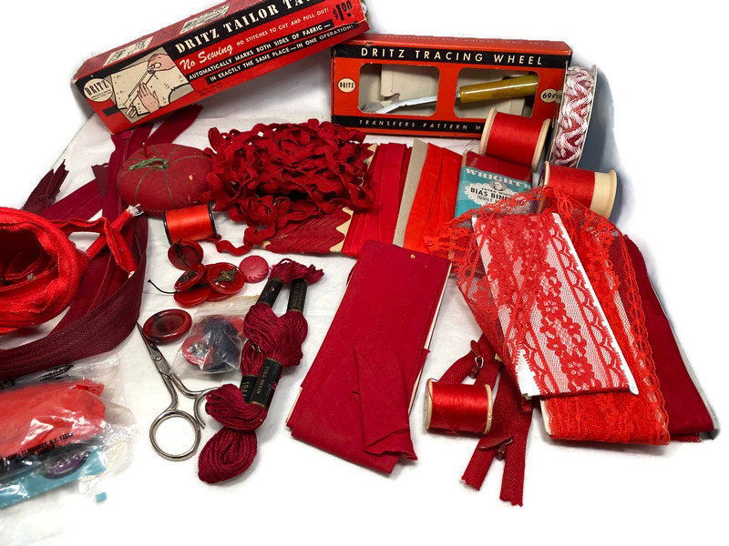 Vintage Sewing Supplies in Shades of Red - Duckwells