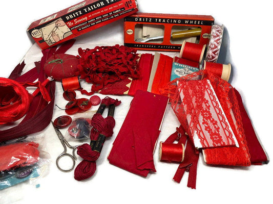 Vintage Sewing Supplies in Shades of Red at Duckwells