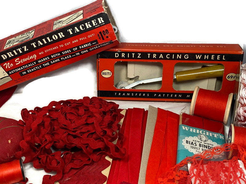 Vintage Sewing Supplies in Shades of Red - Duckwells