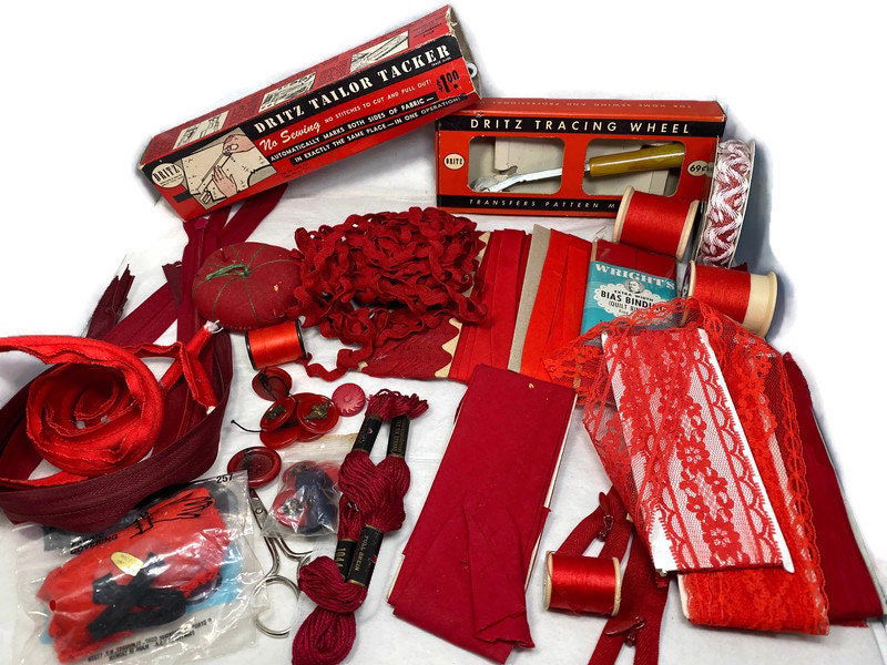 Vintage Sewing Supplies in Shades of Red - Duckwells