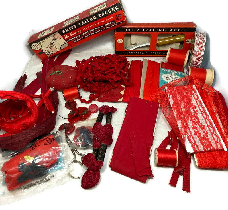 Vintage Sewing Supplies in Shades of Red - Duckwells
