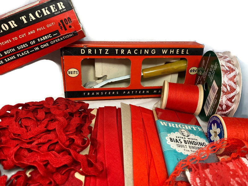 Vintage Sewing Supplies in Shades of Red - Duckwells