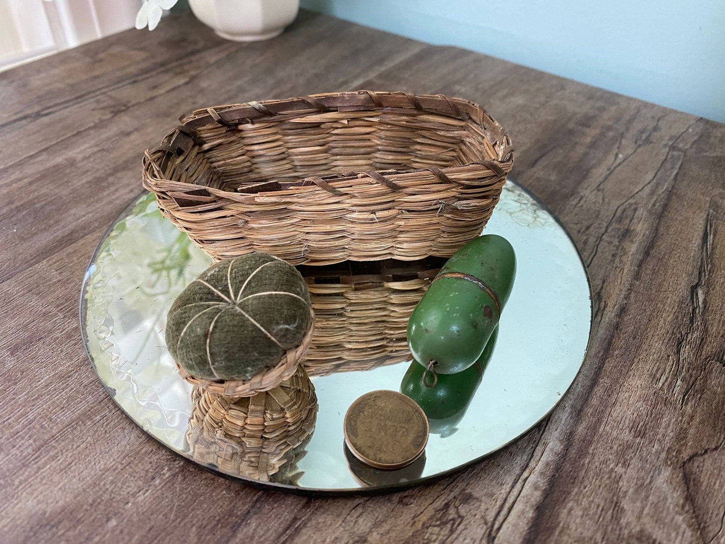 Vintage Small Sewing Basket with Wicker Pin Cushion and German Needle Case at Duckwells