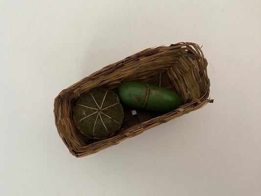 Vintage Small Sewing Basket with Wicker Pin Cushion and German Needle Case at Duckwells