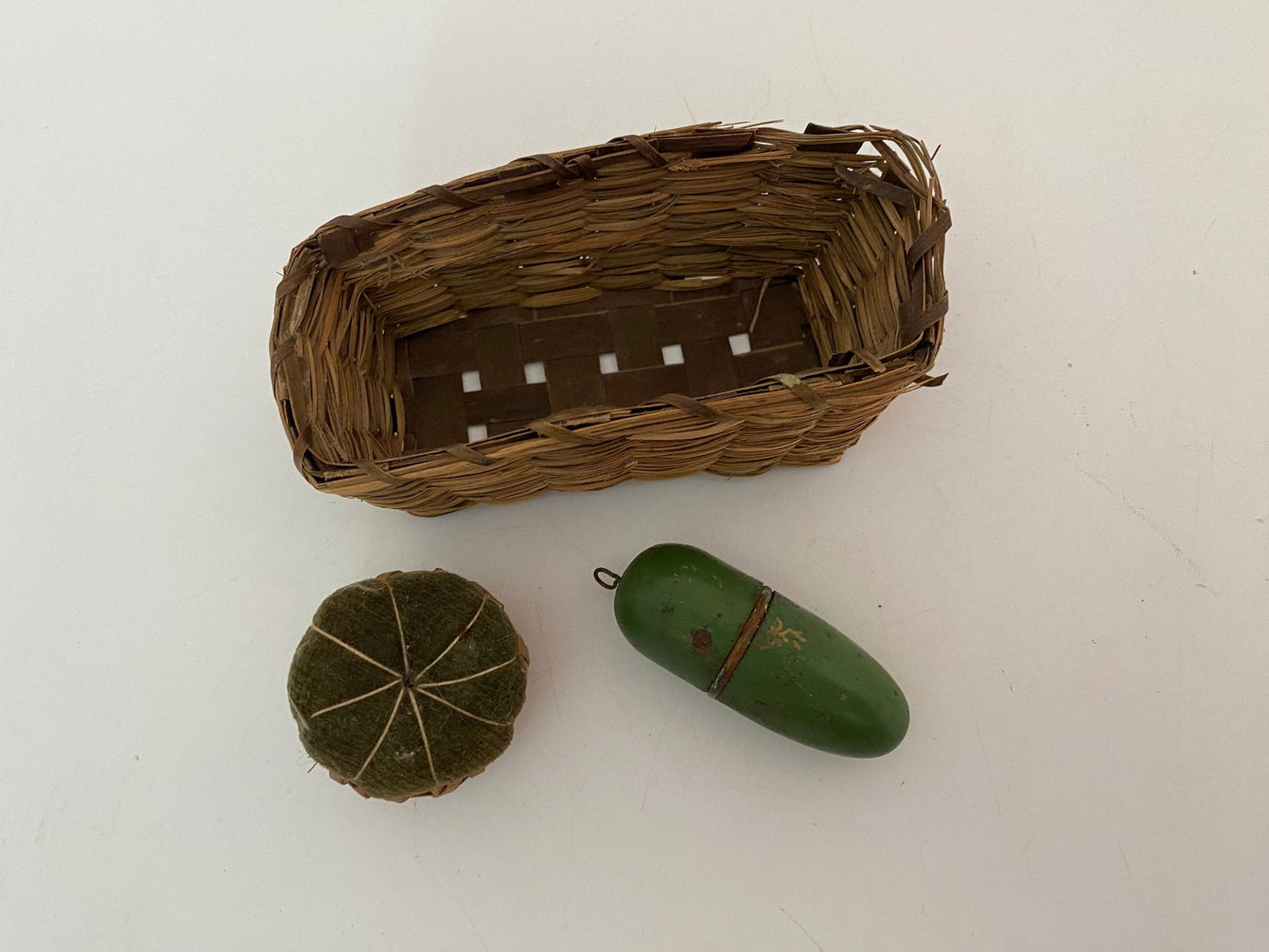 Vintage Small Sewing Basket with Wicker Pin Cushion and German Needle Case at Duckwells