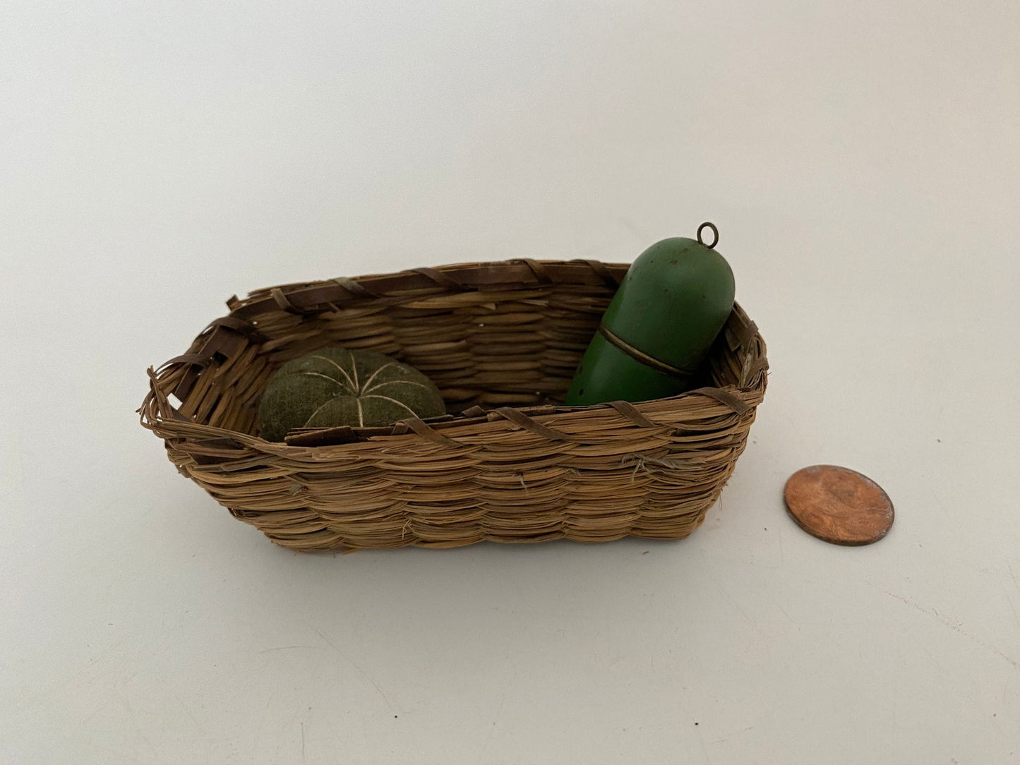 Vintage Small Sewing Basket with Wicker Pin Cushion and German Needle Case at Duckwells