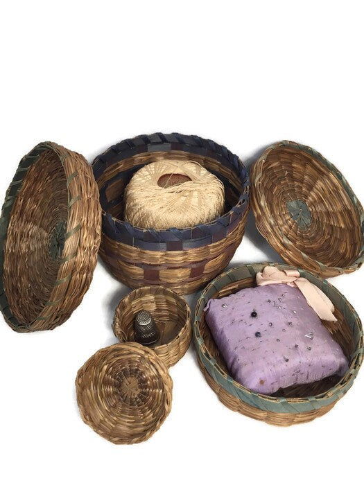 Vintage Sweetgrass Baskets with Pincushion and Thimble at Duckwells