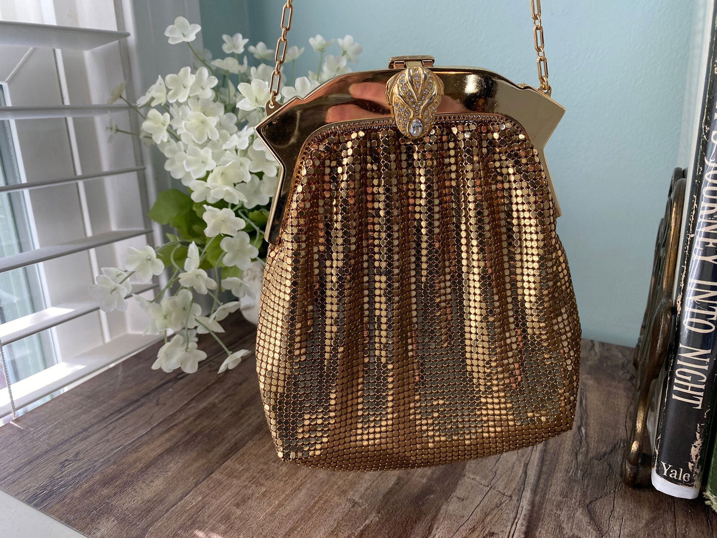 Vintage Whiting and Davis Gold Metal Mesh Purse with Rhinestone Clasp at Duckwells