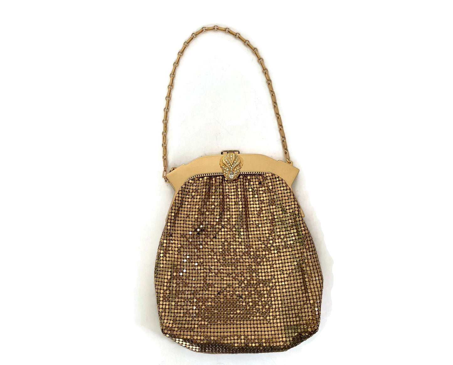 Vintage Whiting and Davis Gold Metal Mesh Purse with Rhinestone Clasp at Duckwells