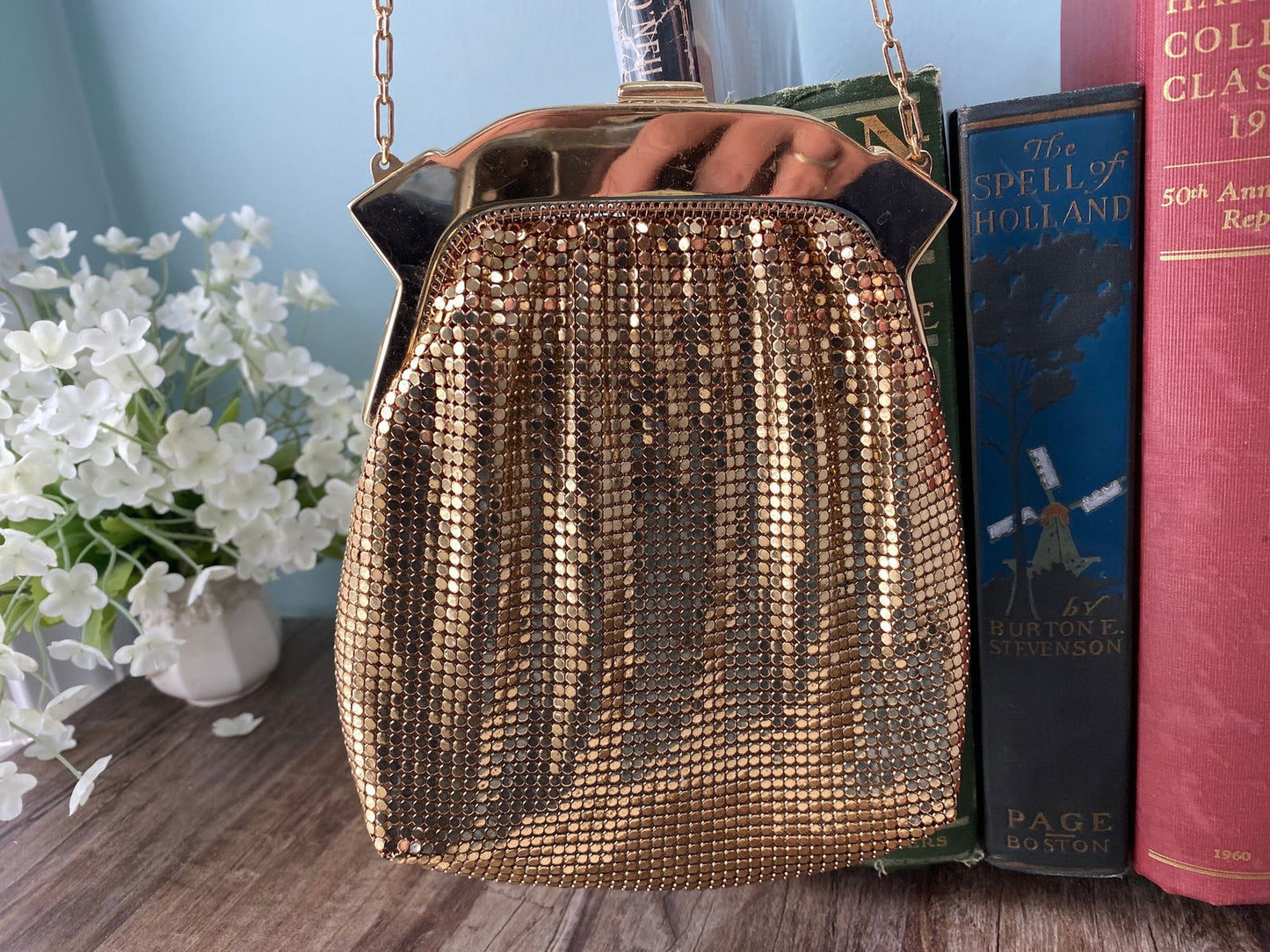 Vintage Whiting and Davis Gold Metal Mesh Purse with Rhinestone Clasp at Duckwells