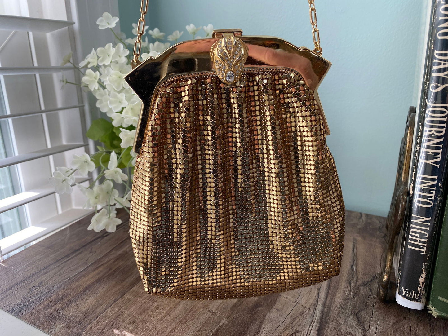 Vintage Whiting and Davis Gold Metal Mesh Purse with Rhinestone Clasp at Duckwells