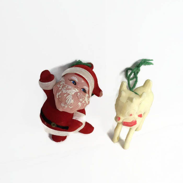 Christmas Ornaments, 1950s Mid Century, Retro Holiday Decor, Tree decoration, Holiday Decor, Santa Claus Reindeer - Duckwells