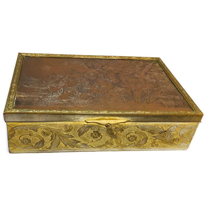 Antique French Trinket Box, Copper Engraved, Mahogany Lined Box, Cigarette Box, Signed Gravure Lidded Box, Made in France - Duckwells