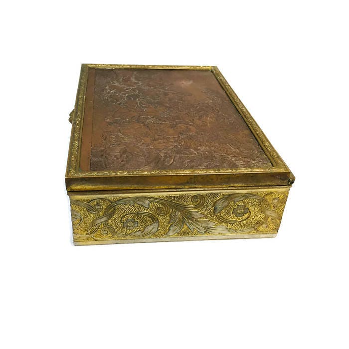 Antique French Trinket Box, Copper Engraved, Mahogany Lined Box, Cigarette Box, Signed Gravure Lidded Box, Made in France - Duckwells