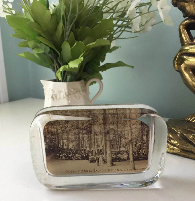 Antique Glass Photo Paperweight, Advent Park, Alton Bay, New Hampshire, Campground Souvenir, Glass Collectible, Lake Winipesaukee - Duckwells