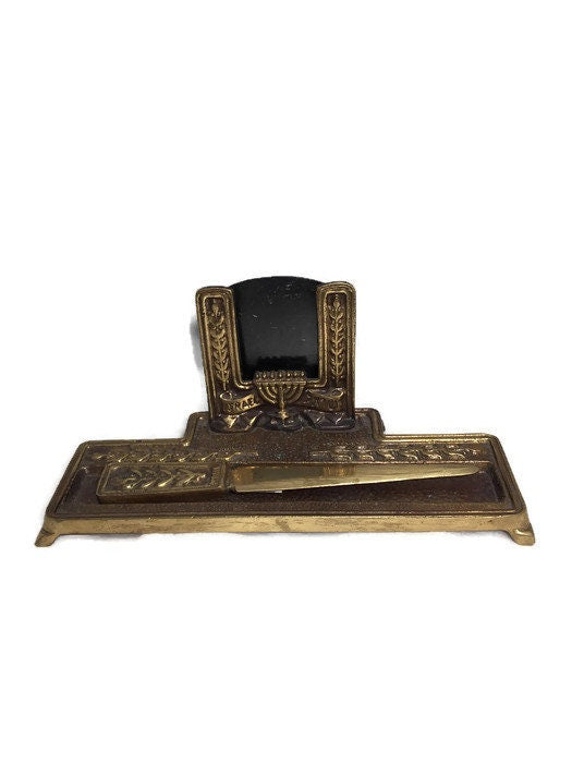 Midcentury Judaica Brass Desk Set, Israel Letter Opener and Holder at Duckwells