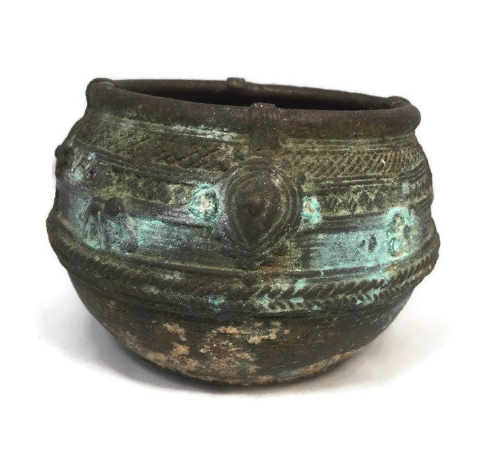 Vintage Indian Ceremonial Pot, Brass Copper Small Bowl with Ornate Design, Original Patina - Duckwells