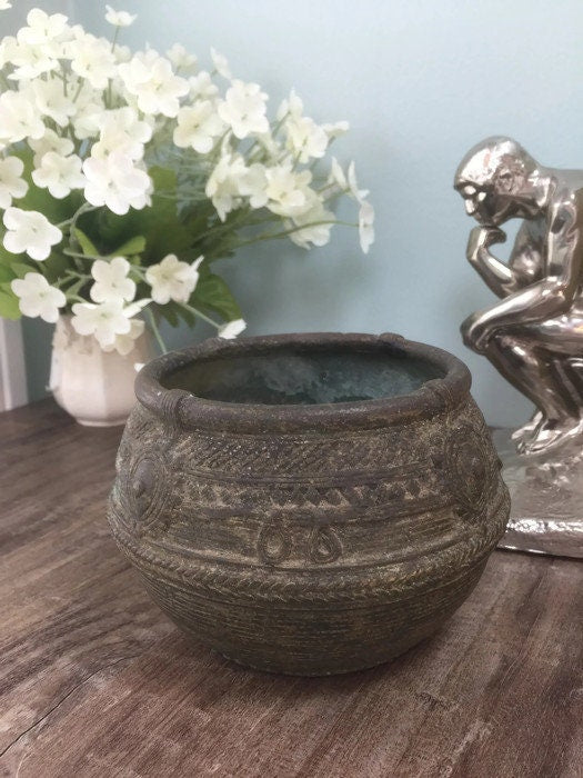 Vintage Indian Ceremonial Pot, Brass Copper Small Bowl with Ornate Design, Original Patina at Duckwells