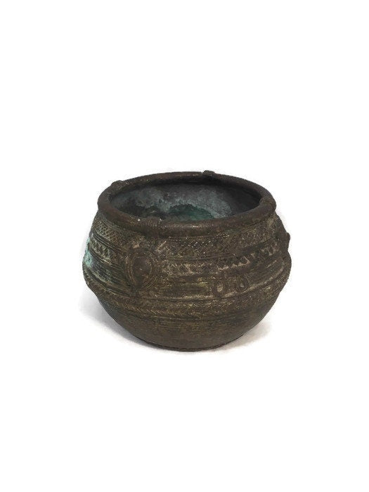 Vintage Indian Ceremonial Pot, Brass Copper Small Bowl with Ornate Design, Original Patina - Duckwells